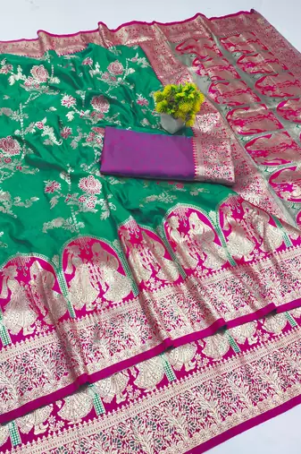 rama green zari woven art silk bridal style premium saree with blouse