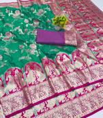 rama green zari woven art silk bridal style premium saree with blouse