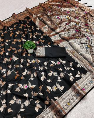 black zari woven art silk blend saree with blouse 1