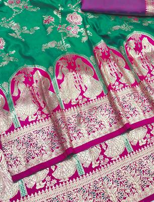 rama green zari woven art silk blend bridal style premium saree with blouse 2