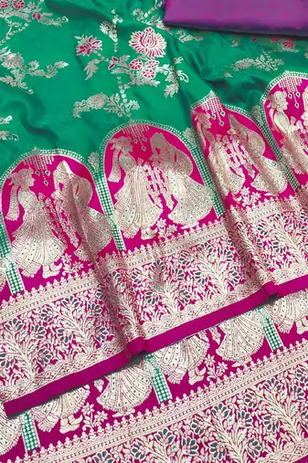 rama green zari woven art silk blend bridal style premium saree with blouse