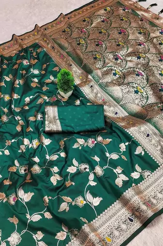dark green zari woven art silk saree with blouse