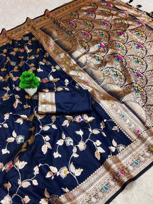dark blue zari woven art silk blend saree with blouse 1