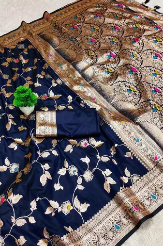 dark blue zari woven art silk saree with blouse