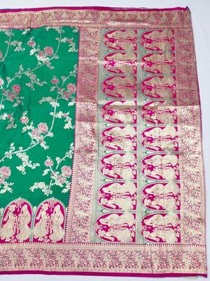 rama green zari woven art silk blend bridal style premium saree with blouse 4