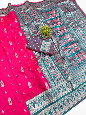 pink zari woven art silk blend saree with blouse 1