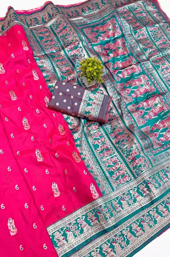 pink zari woven art silk baluchari saree with blouse