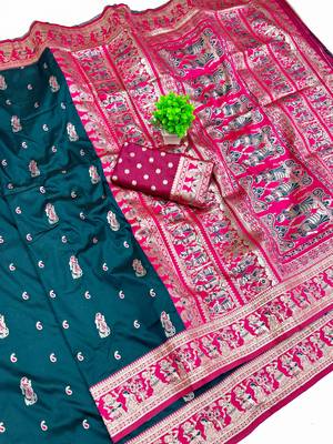 Firozi zari woven art silk blend saree with blouse 1
