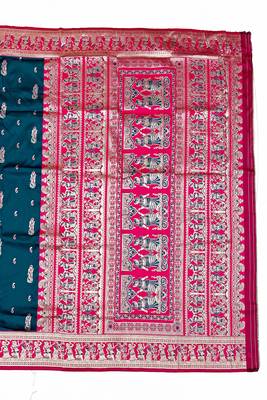 Firozi zari woven art silk blend saree with blouse 2
