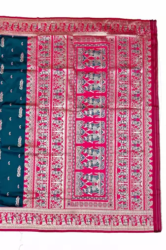 Firozi zari woven art silk blend saree with blouse