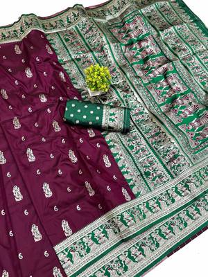 wine zari woven art silk blend saree with blouse 1