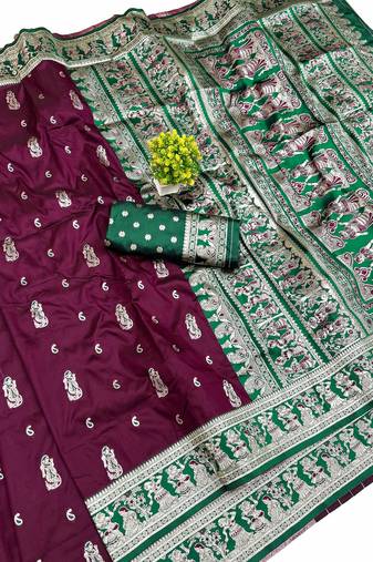 wine zari woven art silk baluchari saree with blouse