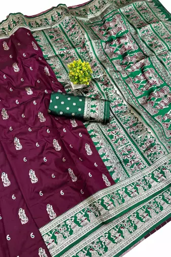 wine zari woven art silk baluchari saree with blouse