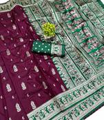 wine zari woven art silk baluchari saree with blouse