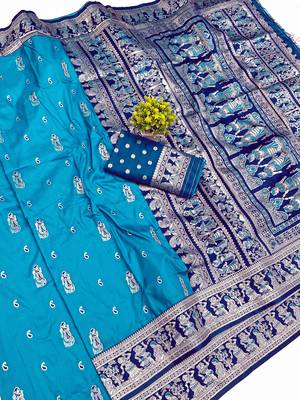 blue zari woven art silk baluchari saree with blouse 1