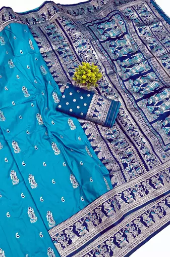 blue zari woven art silk baluchari saree with blouse