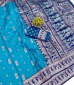 blue zari woven art silk baluchari saree with blouse