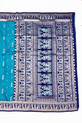 blue zari woven art silk baluchari saree with blouse 3