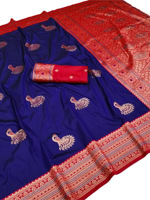 navy blue zari woven art silk saree with blouse 1