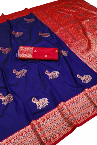 navy blue zari woven art silk saree with blouse