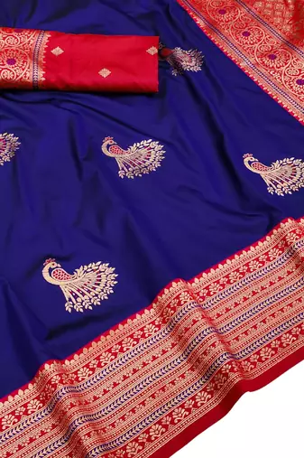 navy blue zari woven art silk saree with blouse
