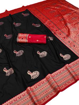 black zari woven art silk blend saree with blouse 1