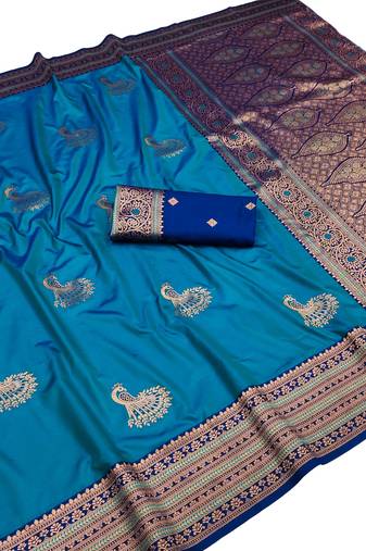 blue zari woven art silk saree with blouse