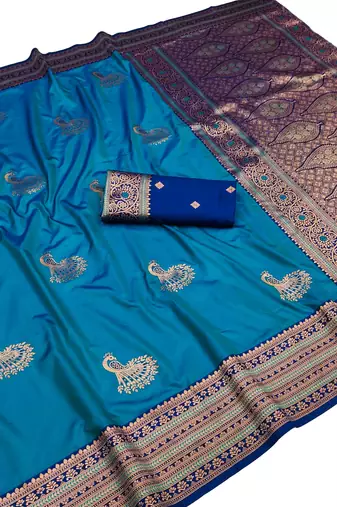 blue zari woven art silk saree with blouse