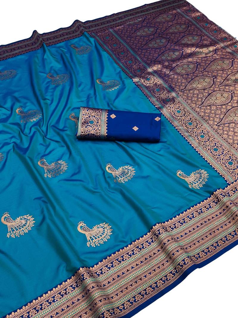 blue zari woven art silk saree with blouse