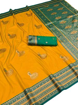 yellow zari woven art silk blend saree with blouse 1