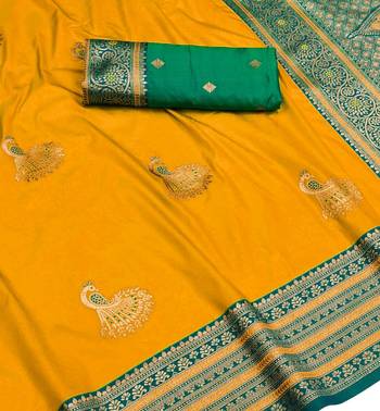 yellow zari woven art silk blend saree with blouse 2