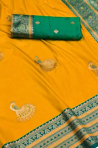 yellow zari woven art silk blend saree with blouse