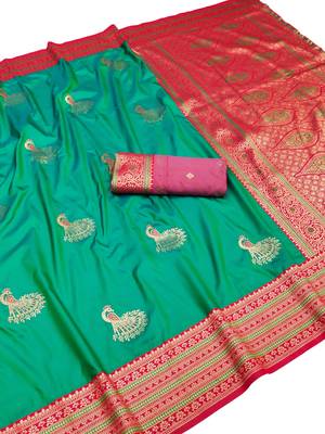 light green zari woven art silk blend saree with blouse 1