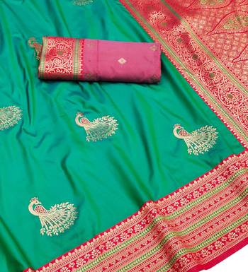 light green zari woven art silk blend saree with blouse 2
