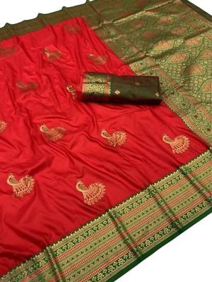 red zari woven art silk blend saree with blouse 1