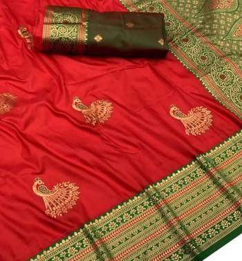 red zari woven art silk blend saree with blouse 2