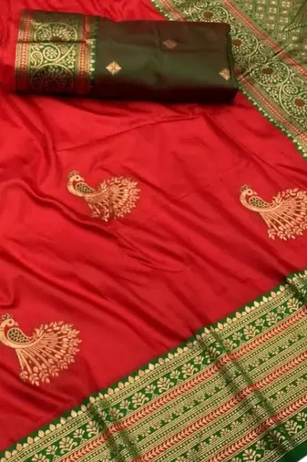 red zari woven art silk blend saree with blouse