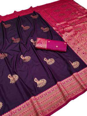 wine zari woven art silk blend saree with blouse 1