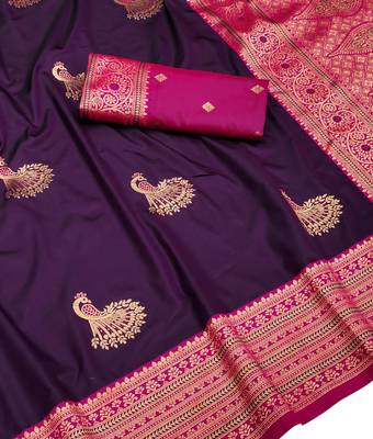 wine zari woven art silk blend saree with blouse 2