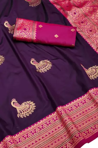 wine zari woven art silk blend saree with blouse