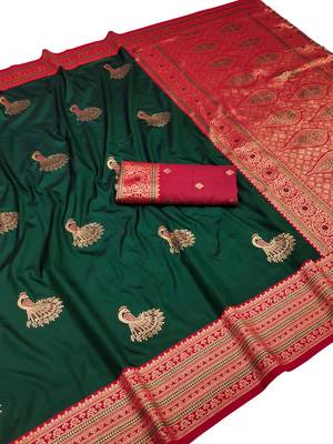 dark green zari woven art silk blend saree with blouse 1