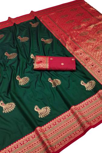 dark green zari woven art silk saree with blouse
