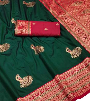 dark green zari woven art silk blend saree with blouse 2
