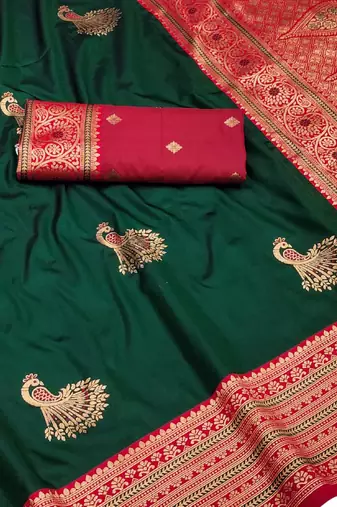 dark green zari woven art silk blend saree with blouse