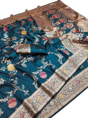 blue art silk blend zari woven saree with blouse 1