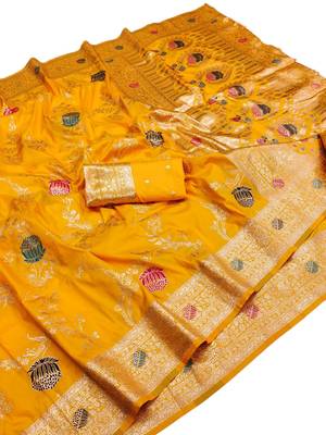 gold art silk blend zari woven saree with blouse 1