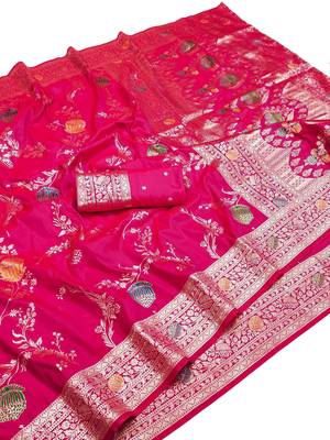 rani pink art silk blend zari woven saree with blouse 1