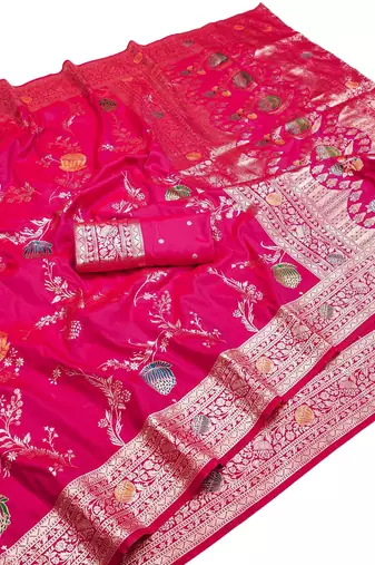 rani pink art silk zari woven saree with blouse