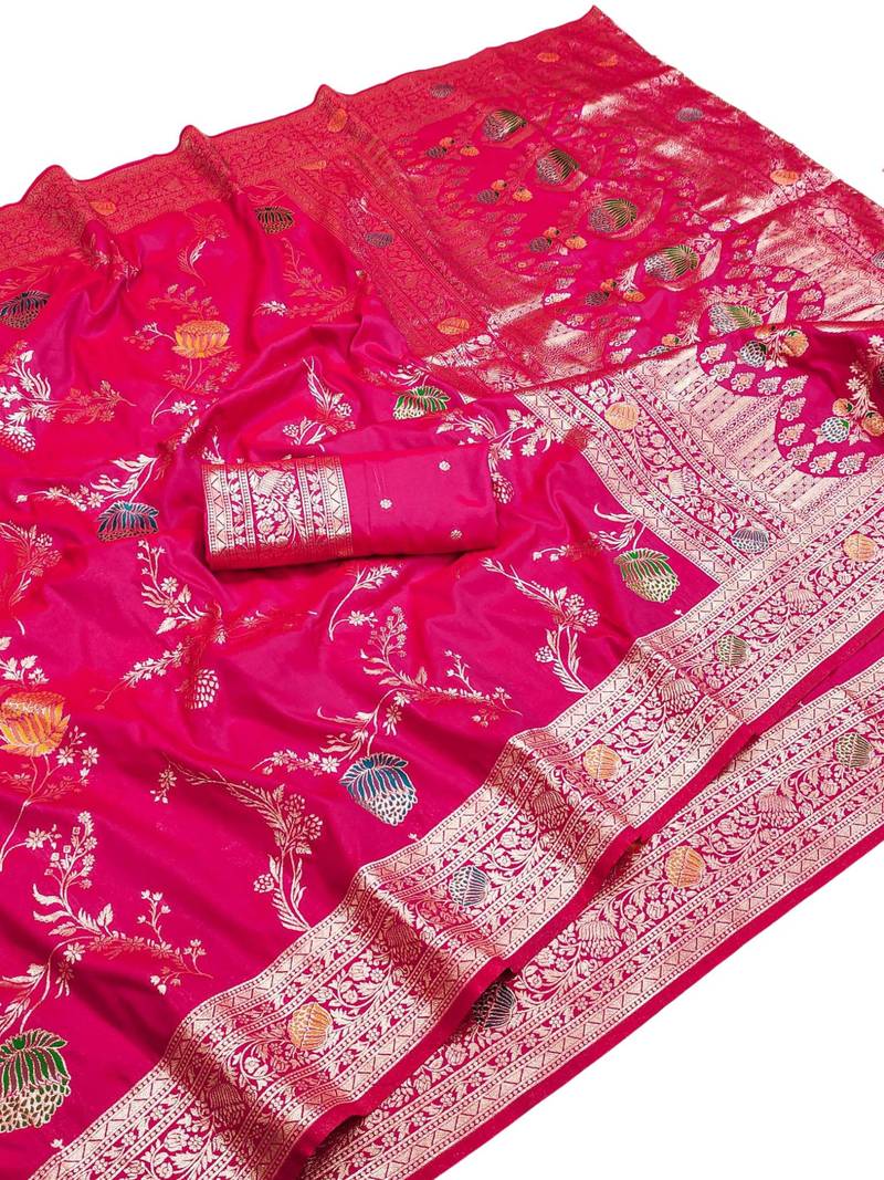 rani pink art silk zari woven saree with blouse