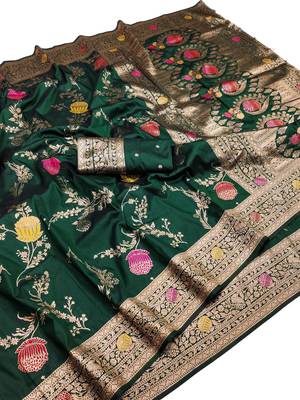 dark green art silk blend zari woven saree with blouse 1